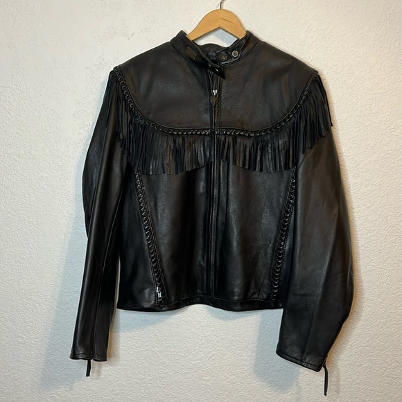 Harley Davidson Vintage 80s Fringe Leather Coat Wing embossed  